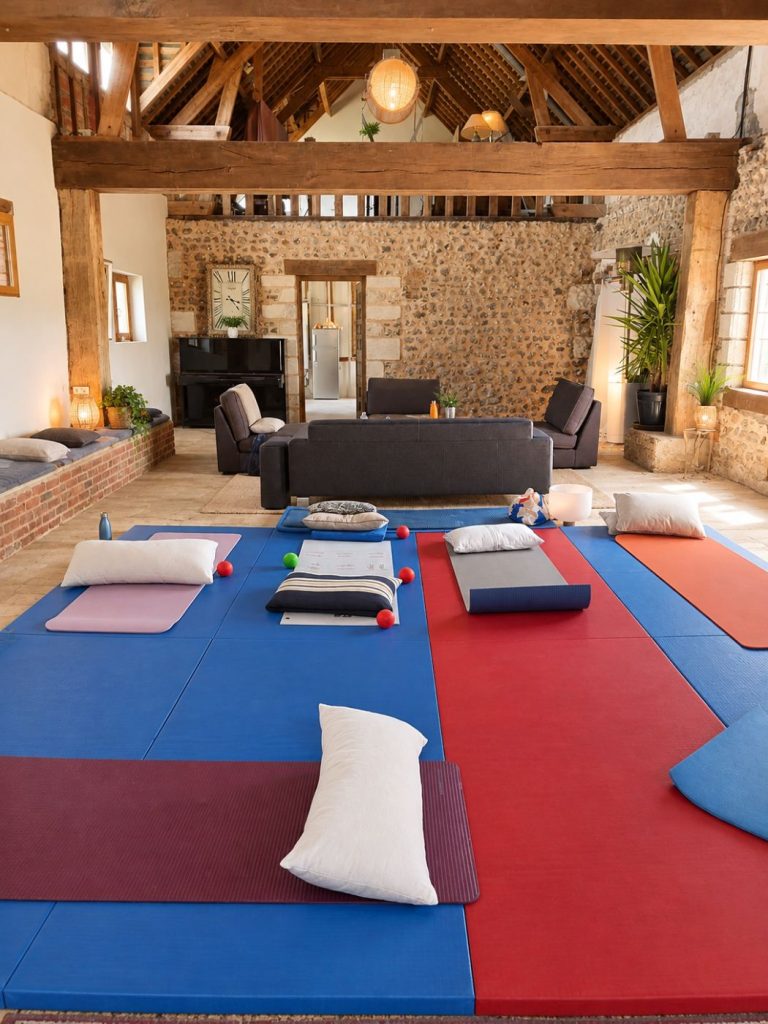 Tapis de yoga et coussins installés dans la grande salle de la grange, sous la charpente
