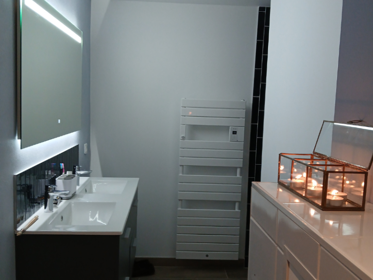 Salle de douche du rez-de-chaussée avec fenêtres sur le pré